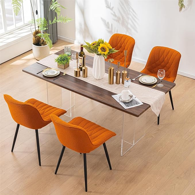 Elegant Dining Chair with Soft Padded Seat Armless Upholstered Kitchen Chairs Velvet Dining Table Chair with Curved Backrest for Kitchen Bedroom Side Dining Room, Set of 2, Orange - LeafyLoom