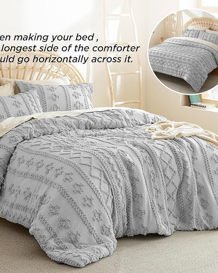 Bedsure Tufted Boho Comforter Set King - Grey Boho Bedding Comforter Set, 3 Pieces Farmhouse Shabby Chic Embroidery Bed Set, Soft Jacquard Comforter for All Seasons - LeafyLoom