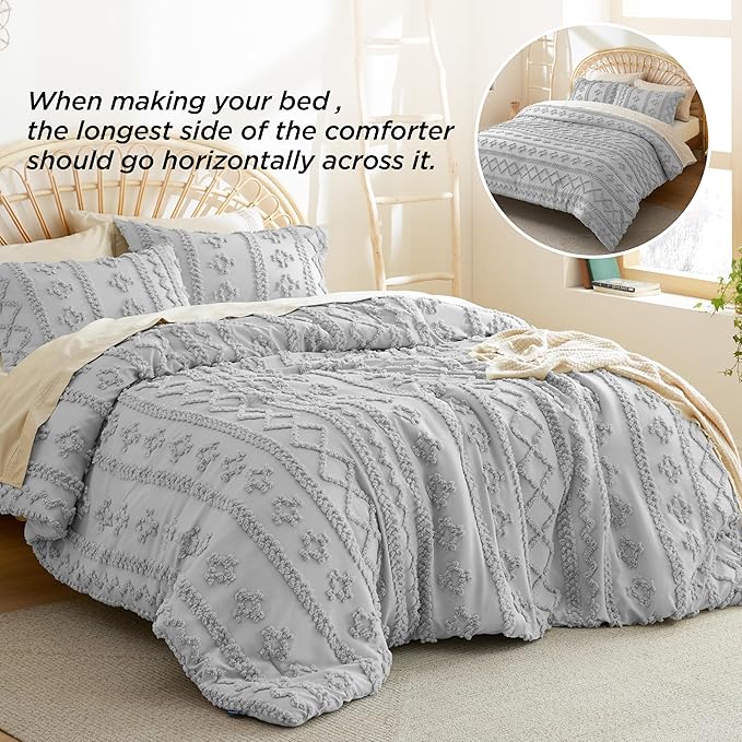 Bedsure Tufted Boho Comforter Set King - Grey Boho Bedding Comforter Set, 3 Pieces Farmhouse Shabby Chic Embroidery Bed Set, Soft Jacquard Comforter for All Seasons - LeafyLoom