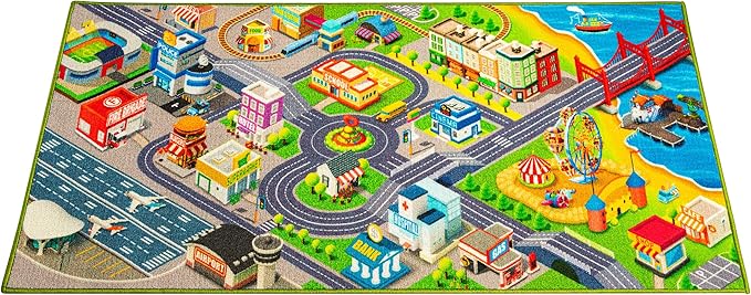 Kids Carpet Playmat City Life 3D Playroom Rug | 30 x 60 Inch Extra Large Toddler Activity Mat for Race Cars & Toys | Playroom Rug Makes a Fun Educational Gift Idea for Boys & Girls - LeafyLoom