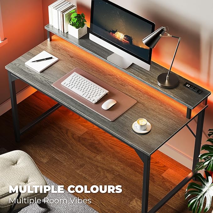 SUPERJARE 47 inch Computer Desk with LED Lights & Power Outlets, Home Office Desk with Monitor Shelf, Small Desk for Home & Office, Grey - LeafyLoom