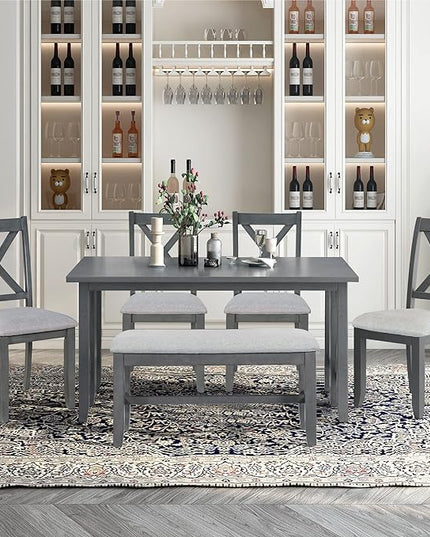 Family Solid Wood Foldable 4 Chairs, Bench, Space Saving ann Easy to Assemble, for Living, Room, Home Bar and Kitchen, White+Gray, 6 Piece Dining Table Set - LeafyLoom