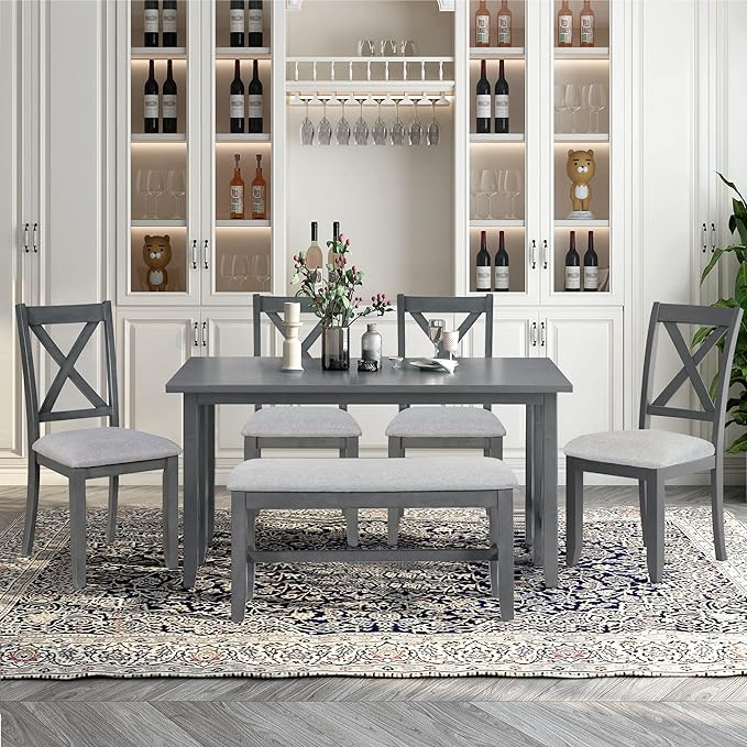 Family Solid Wood Foldable 4 Chairs, Bench, Space Saving ann Easy to Assemble, for Living, Room, Home Bar and Kitchen, White+Gray, 6 Piece Dining Table Set - LeafyLoom