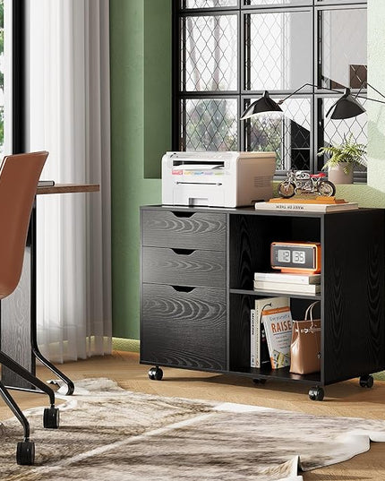 DEVAISE 3-Drawer Wood File Cabinet, Mobile Lateral Filing Cabinet, Printer Stand with Open Storage Shelves for Home Office, Black - LeafyLoom