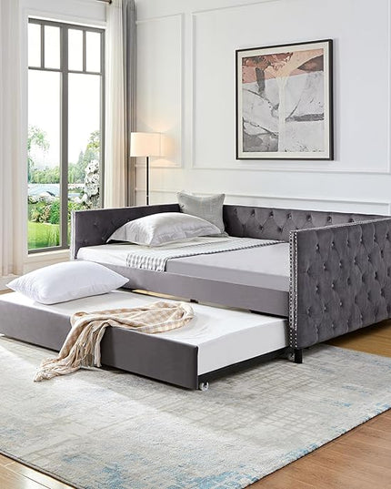 Full Size Velvet Upholstered Daybed with Trundle, Solid Wood Sofa Bed w/Button Tufted Backrest, for Living Room, Bedroom, Dorm, No Box Spring Needed, Space-Saving Design, Grey - LeafyLoom