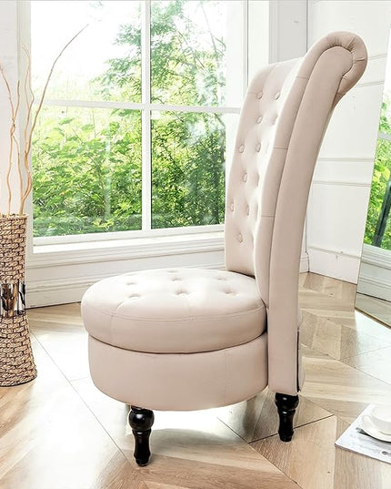 Royal High-Back Velvet Accent Chair for Vanity with Storage and Luxurious Upholstery, Retro Design and Versatile Usage for Living Room, Bedroom, Lounge and Office, Ivory - LeafyLoom