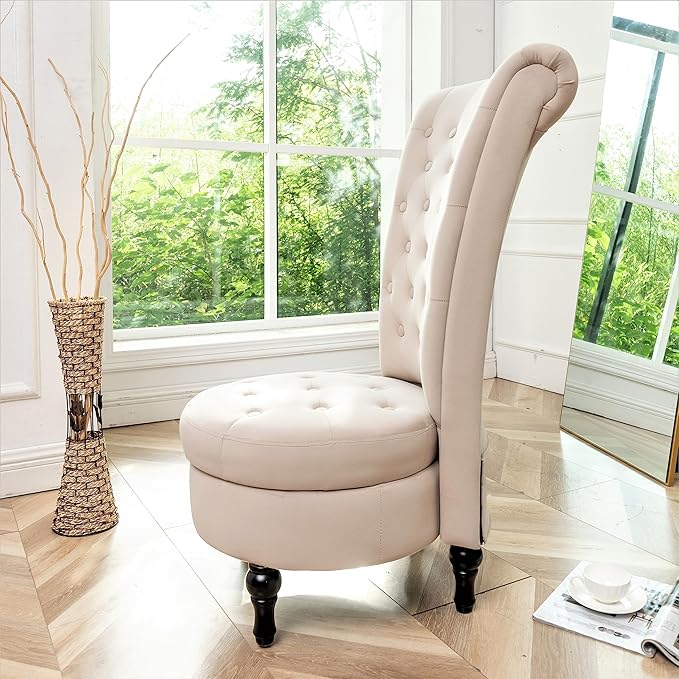 Royal High-Back Velvet Accent Chair for Vanity with Storage and Luxurious Upholstery, Retro Design and Versatile Usage for Living Room, Bedroom, Lounge and Office, Ivory - LeafyLoom