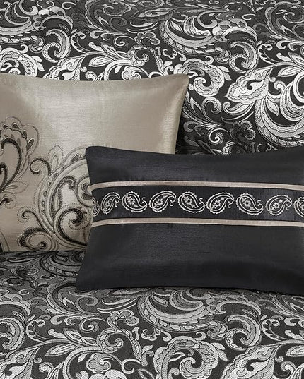 Madison Park Essentials Brystol 24 Piece Room in a Bag Faux Silk Comforter Jacquard Paisley Design Matching Curtains Down Alternative All Season Bedding-Set, Queen(90 in x 90 in), Black 24 Piece - LeafyLoom