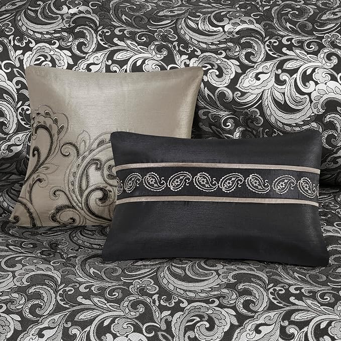 Madison Park Essentials Brystol 24 Piece Room in a Bag Faux Silk Comforter Jacquard Paisley Design Matching Curtains Down Alternative All Season Bedding-Set, Queen(90 in x 90 in), Black 24 Piece - LeafyLoom