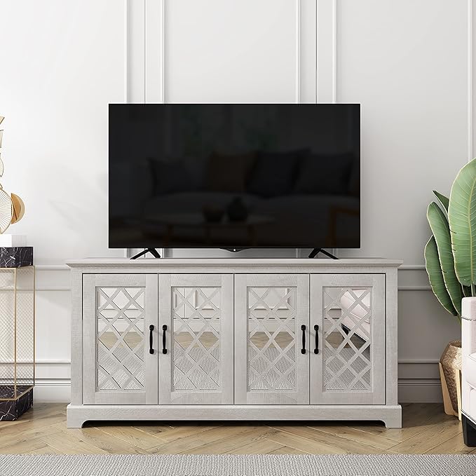 Galano Millicent TV Stand for 65+ Inch TV, Tall Entertainment Center with Mirror Doors, Rustic Media Console with Storage Shelves, Wood Television Stand for Living Room, Dusty Grey Oak - LeafyLoom