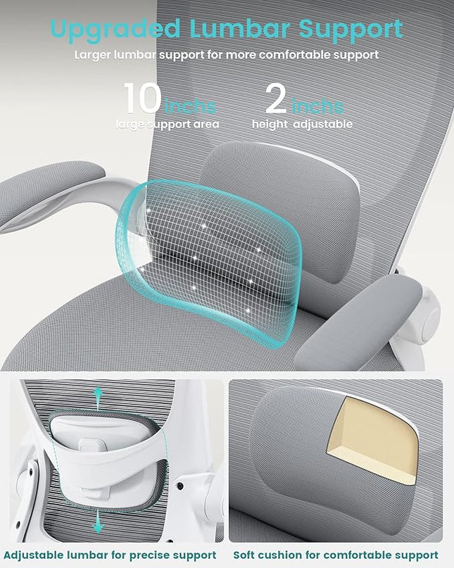 Office Chair, Ergonomic Desk Chair with Adjustable Lumbar Support and Flip up Armrest, Breathable Mesh Computer Chair for Home Office, Gray - LeafyLoom