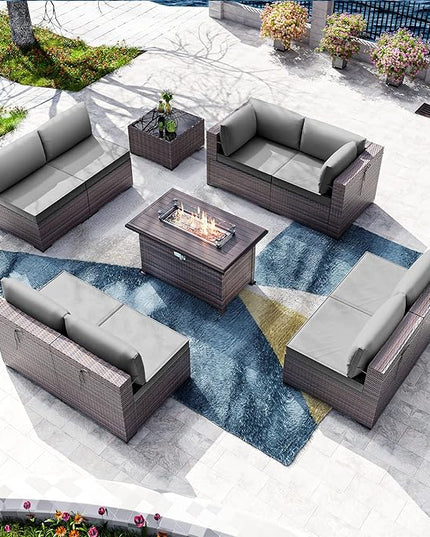 Kullavik 10 Pieces Outdoor Patio Furniture Set with 43" Gas Propane Fire Pit Table PE Wicker Rattan Sectional Sofa Patio Conversation Sets,Grey - LeafyLoom