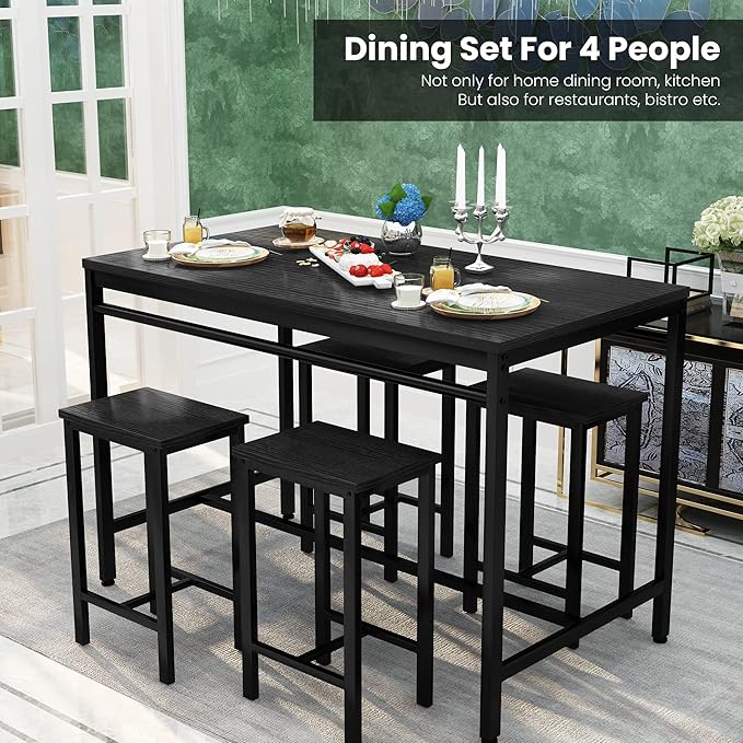 DKLGG Dinner Table Set for 4, Modern Kitchen Table and Chairs for 4 Wooden Top and Adjustable Metal Legs, Small Dining Room Table Set 5 Pieces Compact Design for Small Space - LeafyLoom