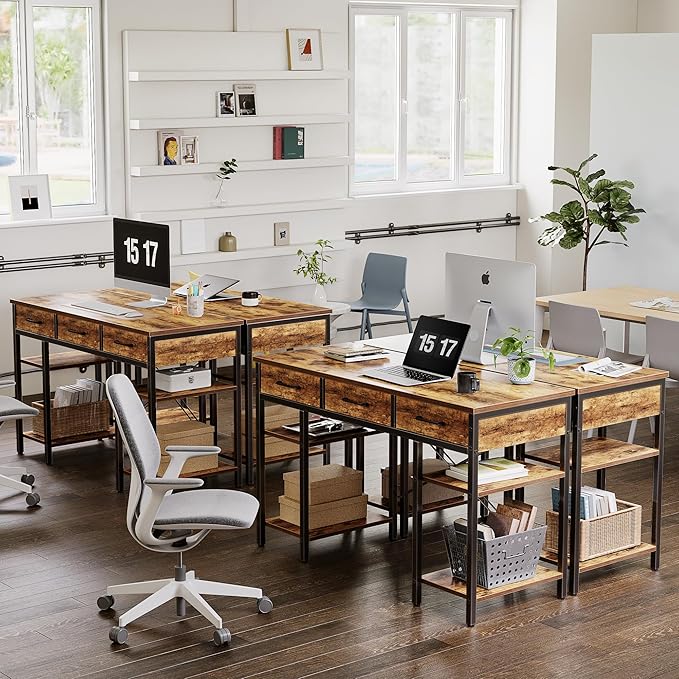 CubiCubi 47 Inch Computer Desk with 3 Drawers and Storage Shelves, Small Home Office Desk, Study Writing Table, Simple Desk for Bedroom, Rustic Brown - LeafyLoom