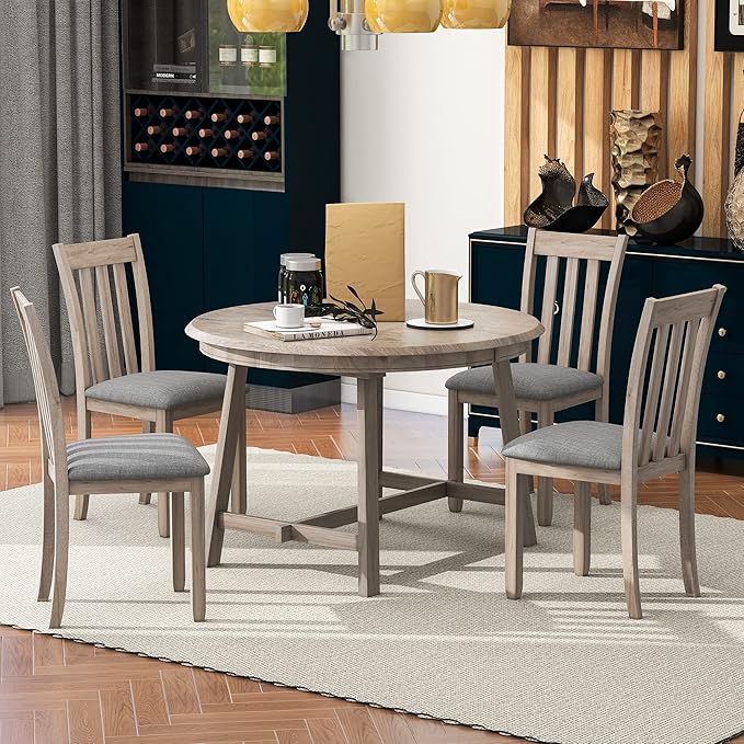 NicBex Small Dining Table Set for 4 Kitchen Table and Chairs 5-Piece Wood Dining Table Set Round Extendable Dining Table with 4 Dining Chairs for Dining Room, Natural Wood Wash - LeafyLoom