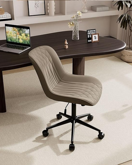 YOUNIKE Armless Office Chair Leather Desk Chair with Wheels Swivel Rolling Task Chair with Back Upholstered Computer Chair Height Adjustable Modern Ergonomic Wide Seat Khaki - LeafyLoom