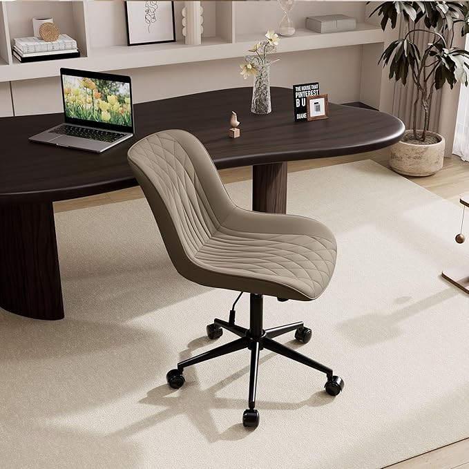 YOUNIKE Armless Office Chair Leather Desk Chair with Wheels Swivel Rolling Task Chair with Back Upholstered Computer Chair Height Adjustable Modern Ergonomic Wide Seat Khaki - LeafyLoom