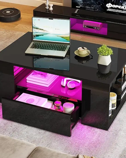 YITAHOME Modern Coffee Tables for Living Room, High Gloss LED Coffee Table, Storage Coffee Table, Small Coffee Table, Wood Center Table with 2 Sliding Drawers and Open Side Shelf,Black - LeafyLoom