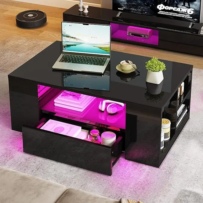 YITAHOME Modern Coffee Tables for Living Room, High Gloss LED Coffee Table, Storage Coffee Table, Small Coffee Table, Wood Center Table with 2 Sliding Drawers and Open Side Shelf,Black - LeafyLoom