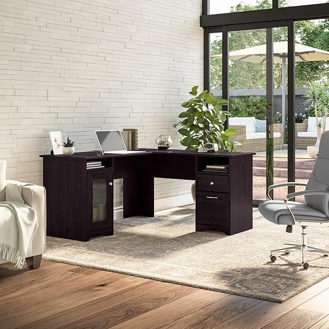 Bush Furniture Cabot 60W L Shaped Computer Desk in Espresso Oak - LeafyLoom