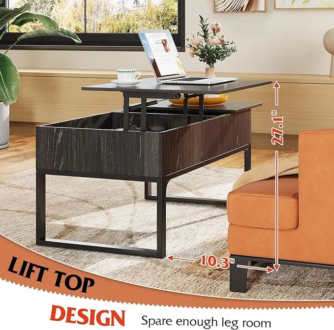 WLIVE Lift Top Coffee Table with Storage, Coffee Table with Lifting Top & Sliding Top, Wood Coffee Table for Living Room, Modern Center Table with 2 Hidden Compartment for Home, Office, Charcoal Black - LeafyLoom