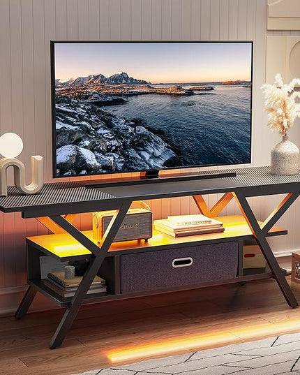 Bestier LED Entertainment Center Gaming TV Stand 55 inch for TV up to 65 in, Game Console Table W/Storage for Living Room Bedroom 20 Dynamic RGB Modes TV Console for PS5, Carbon Fiber Black - LeafyLoom