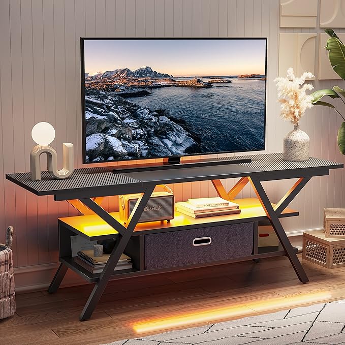 Bestier LED Entertainment Center Gaming TV Stand 55 inch for TV up to 65 in, Game Console Table W/Storage for Living Room Bedroom 20 Dynamic RGB Modes TV Console for PS5, Carbon Fiber Black - LeafyLoom