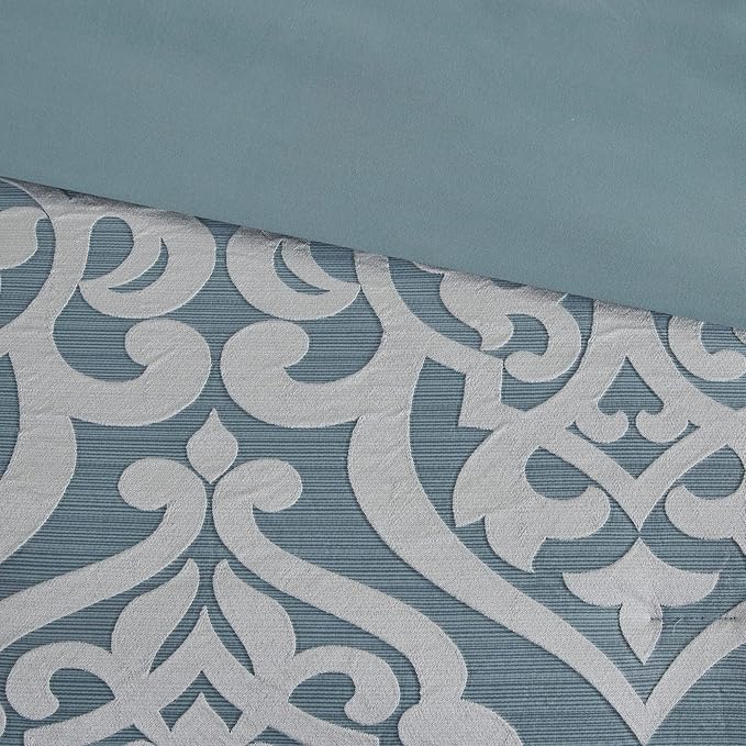 Madison Park Odette Cozy Comforter Set Jacquard Damask Medallion Design - Modern All Season, Down Alternative Bedding, Shams, Decorative Pillows, Queen(90 in x 90 in), Aqua - LeafyLoom
