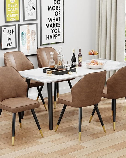 Brown Faux Leather Dining Chairs Set of 2, Mid Century Modern Kitchen Dining Room Chairs Upholstered Armless Accent Side Chairs with Metal Legs - LeafyLoom