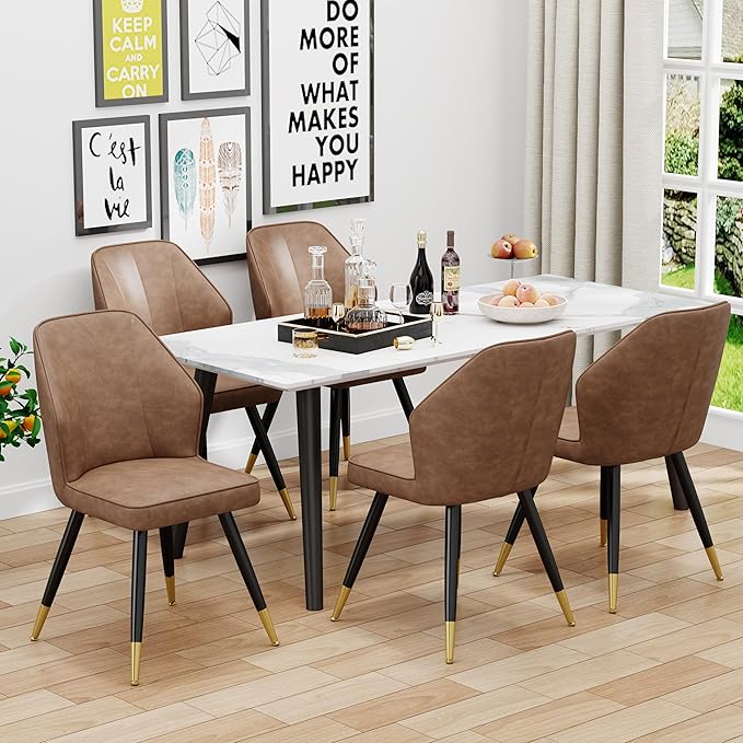 Brown Faux Leather Dining Chairs Set of 2, Mid Century Modern Kitchen Dining Room Chairs Upholstered Armless Accent Side Chairs with Metal Legs - LeafyLoom