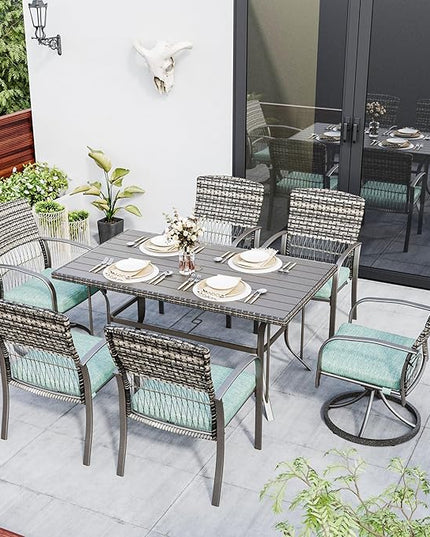 Pamapic 7 Piece Patio Dining Set for 6,Wicker Outdoor Furniture Set for Backyard Garden Deck Poolside with Iron Slats Table Top,4 Dining Chairs and 2 Swivel Rockers,Removable Cushions(Green) - LeafyLoom