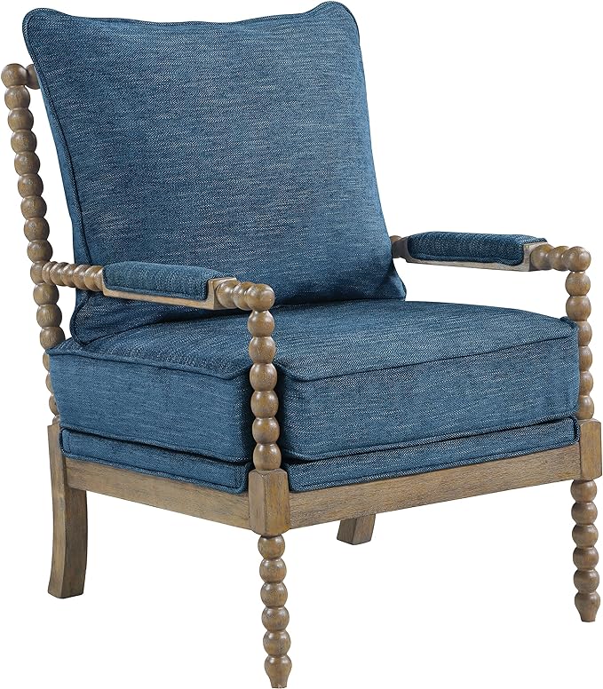 OSP Home Furnishings Fletcher Spindle Accent Chair with Rustic Brown Finish, Navy Blue Upholstery - LeafyLoom