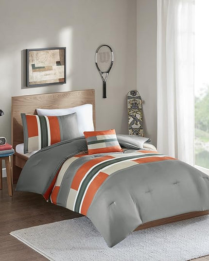 Comfort Spaces Casual Comforter Set Sporty Design, Vibrant Color, Active Lifestyle Boys Bedroom Décor, All Season Soft Microfiber Bedding Set, Decorative Pillow, Sham Grey/Orange Queen 4 Piece - LeafyLoom