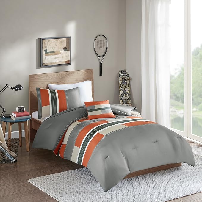 Comfort Spaces Casual Comforter Set Sporty Design, Vibrant Color, Active Lifestyle Boys Bedroom Décor, All Season Soft Microfiber Bedding Set, Decorative Pillow, Sham Grey/Orange Queen 4 Piece - LeafyLoom