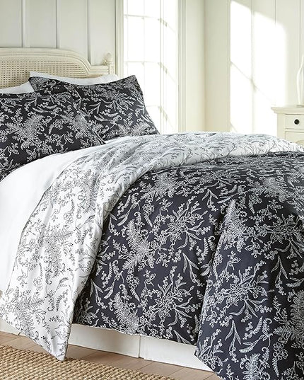 Southshore Fine Living, Inc. Oversized King Comforter Set, Down Alternative Floral Comforter with Matching Shams, Reversible Print is 2 Colors in 1, Fits King/Cal King, Winter Brush Black/White - LeafyLoom
