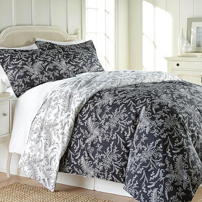 Southshore Fine Living, Inc. Oversized King Comforter Set, Down Alternative Floral Comforter with Matching Shams, Reversible Print is 2 Colors in 1, Fits King/Cal King, Winter Brush Black/White - LeafyLoom