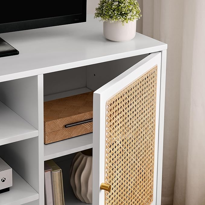 NicBex TV Stand for 55 Inch TV Modern TV Media Console Table with Adjustable Shelf, Rattan Sideboard,Entertainment Center with Storage for Living Room,Bedroom,47 Inch,White - LeafyLoom