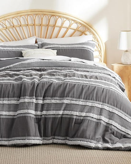 Bedsure Boho Comforter Set Queen - Dark Grey Jacquard Bedding Comforter Set, 3 Pieces Farmhouse Shabby Chic Embroidery Bed Set, Soft Fluffy Tufted Striped Comforter for All Seasons - LeafyLoom