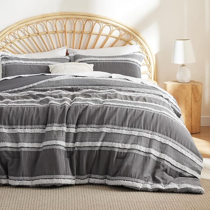 Bedsure Boho Comforter Set Queen - Dark Grey Jacquard Bedding Comforter Set, 3 Pieces Farmhouse Shabby Chic Embroidery Bed Set, Soft Fluffy Tufted Striped Comforter for All Seasons - LeafyLoom