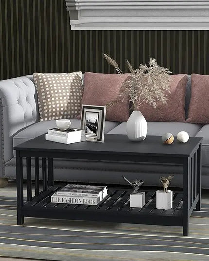 TaoHFE Black Coffee Tables for Living Room Modern Coffee Table Set 40 Inch 2-Tier Wooden Living Room Table Rectangular Center Table with Storage Shelf Furniture for Living Room, Meeting Room, Office - LeafyLoom