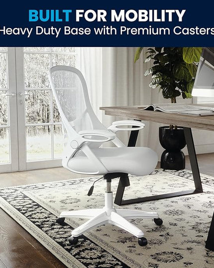 Flash Furniture Porter High-Back Swivel Office Chair with Adjustable Lumbar Support and Seat Height, Ergonomic Mesh Desk Chair with Flip-Up Armrests, White - LeafyLoom