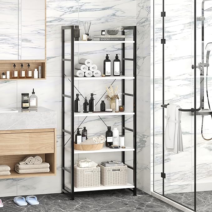 VERMESS Industrial Bookshelf, 5-Tier 24inch White Shelving Unit Wood Bookcase with Open Shelves, Rustic Standing Bookshelves Metal Frame Display Rack for Living Room,Bedroom, 24 * 11.8 * 63 inch - LeafyLoom