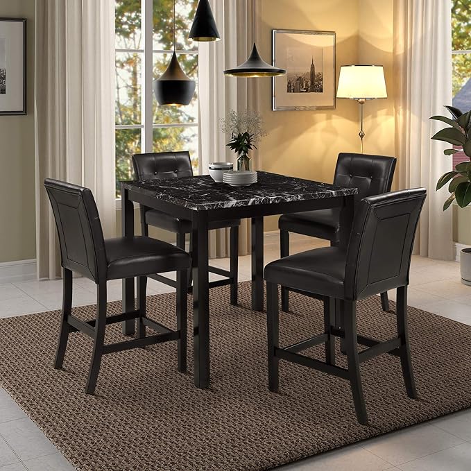 NicBex Small Dining Table Set for 4 Dining Room Set 5-Piece Kitchen Table Set Faux Marble Top Counter Height Dining Table Set with 4 Pu Leather-Upholstered Chairs, Black - LeafyLoom