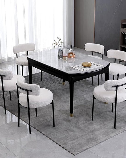White Boucle Dining Chairs Set of 2,Upholstered Kitchen Dining Room Chairs, Mid-Century Modern Curved Backrest Chairs for Dining Room with Black Metal Legs - LeafyLoom