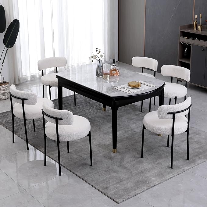 White Boucle Dining Chairs Set of 2,Upholstered Kitchen Dining Room Chairs, Mid-Century Modern Curved Backrest Chairs for Dining Room with Black Metal Legs - LeafyLoom