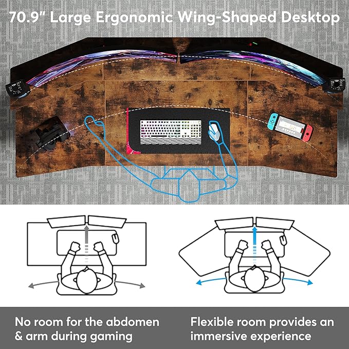 70.9" Large Computer Desk Home Office Desk Wing-Shaped Gaming Studio Desk, Rustic Brown - LeafyLoom