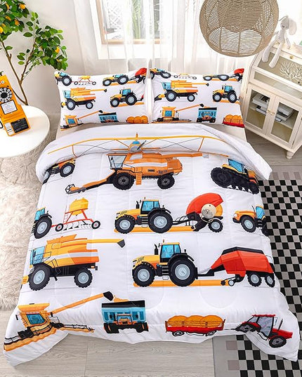 CVHOUSE Tractor Bedding Sets for Boys,Excavators Comforter King,Boys Cartoon Truck Comforter Set,Trucks Tractors Cars Quilt Set with 1 Comforter and 2 Pillow Cases- 3 Piece - LeafyLoom