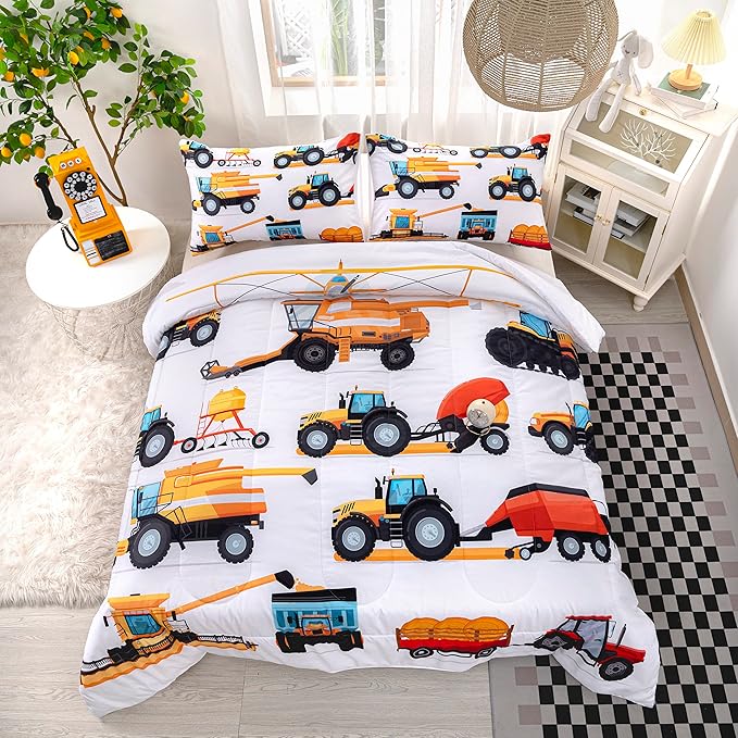 CVHOUSE Tractor Bedding Sets for Boys,Excavators Comforter King,Boys Cartoon Truck Comforter Set,Trucks Tractors Cars Quilt Set with 1 Comforter and 2 Pillow Cases- 3 Piece - LeafyLoom
