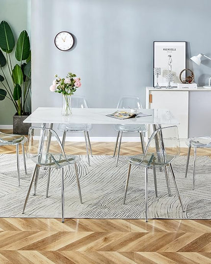 NicBex Modern Minimalist Rectangular Dining Table with 0.4 Inch White Imitation Marble Tabletop and Silver Metal Legs Suitable for Kitchens, Restaurants, and Living Rooms, White - LeafyLoom