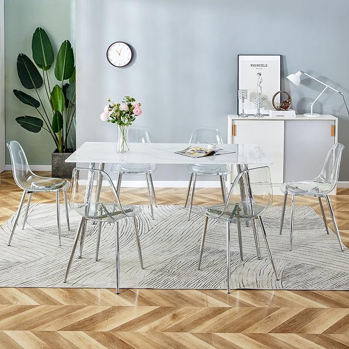 NicBex Modern Minimalist Rectangular Dining Table with 0.4 Inch White Imitation Marble Tabletop and Silver Metal Legs Suitable for Kitchens, Restaurants, and Living Rooms, White - LeafyLoom